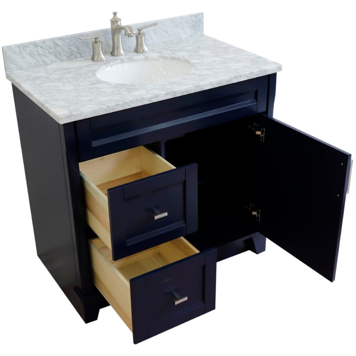 37" Single sink vanity in Blue finish with White Carrara marble and CENTER oval sink RIGHT drawers