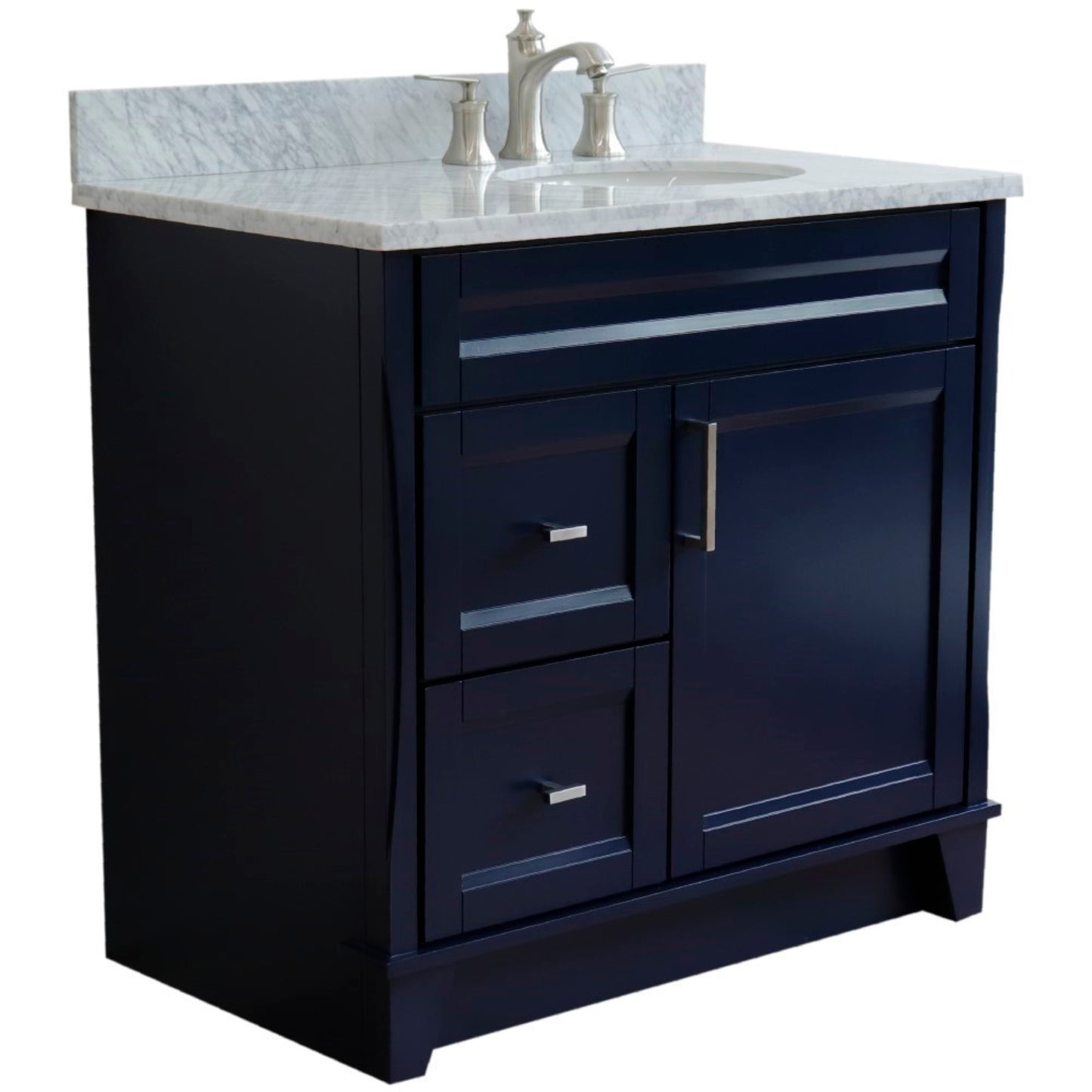 37" Single sink vanity in Blue finish with White Carrara marble and LEFT oval sink RIGHT drawers