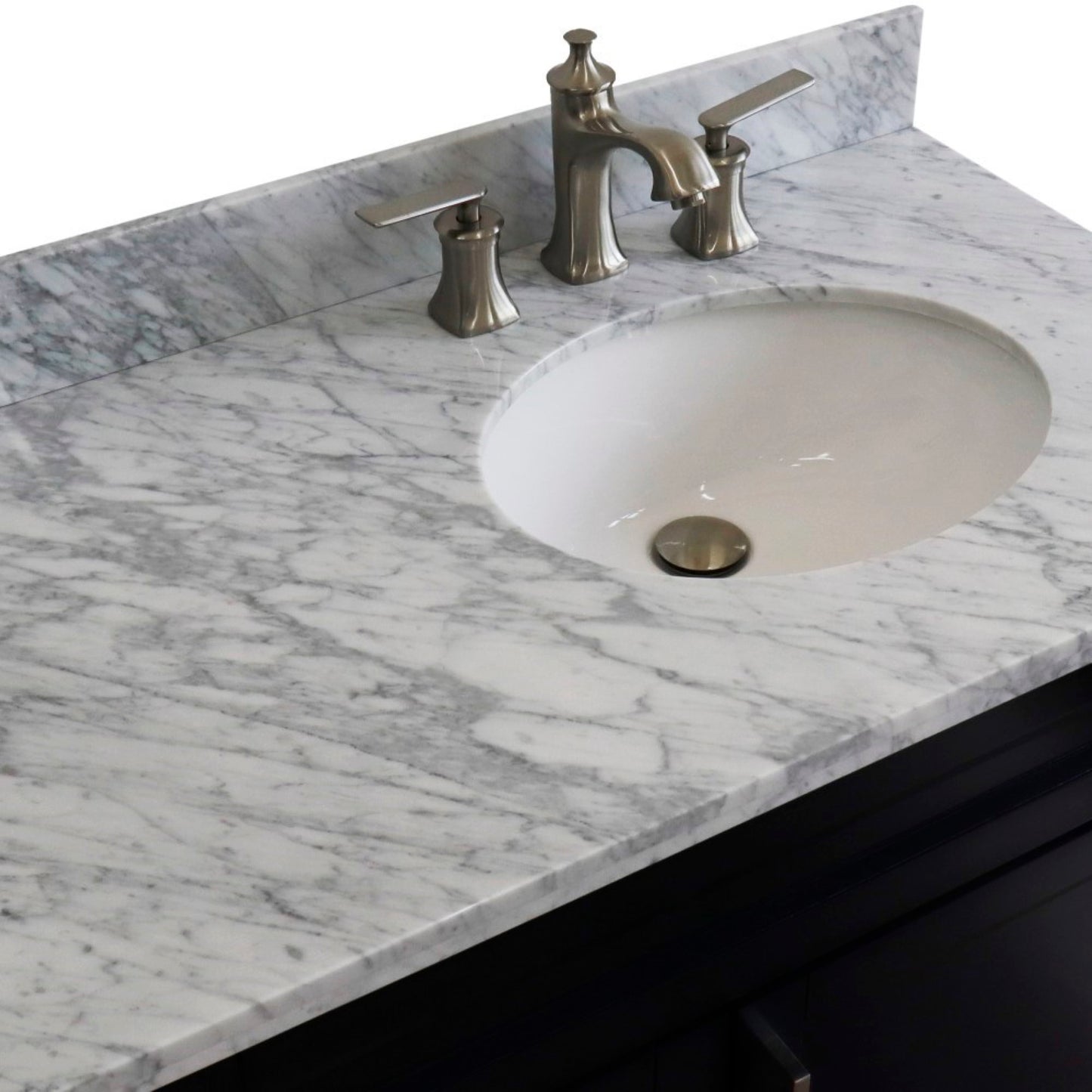37" Single sink vanity in Blue finish with White Carrara marble and LEFT oval sink RIGHT drawers