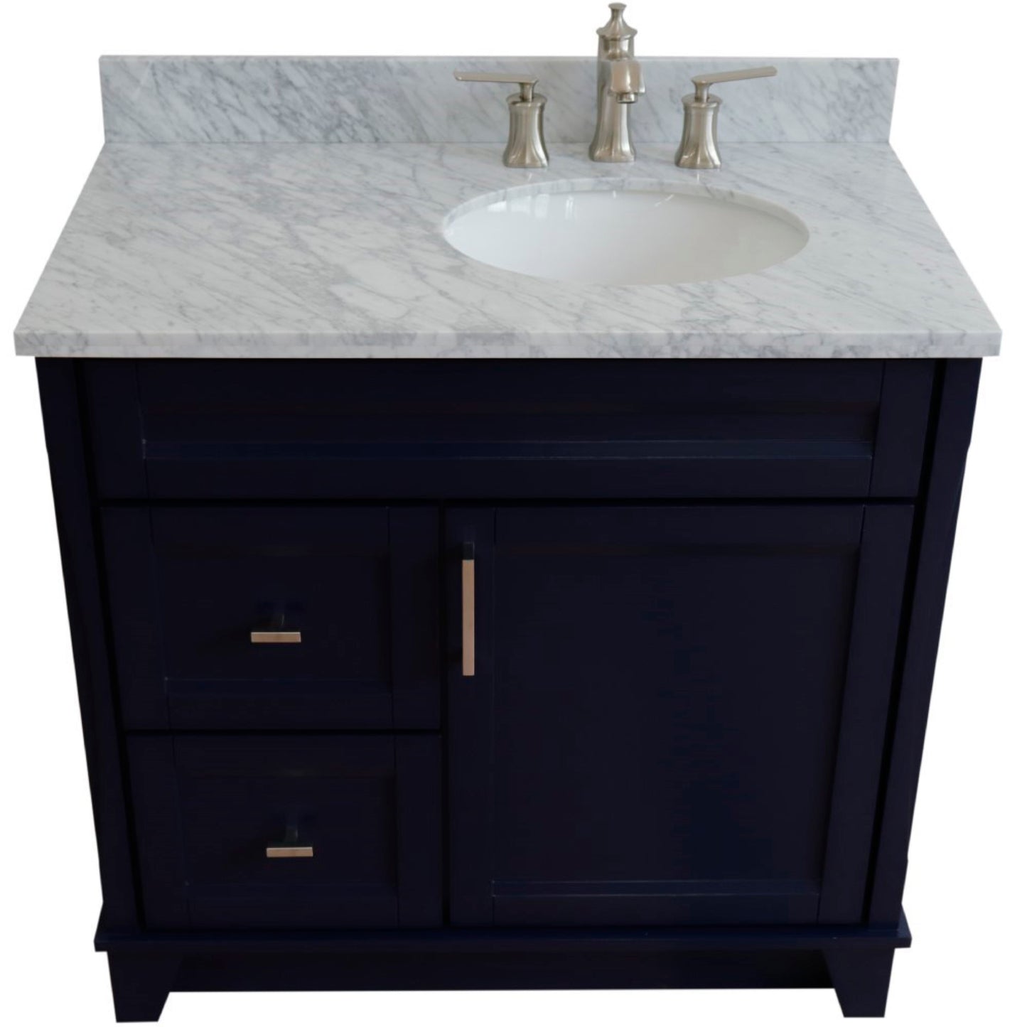 37" Single sink vanity in Blue finish with White Carrara marble and LEFT oval sink RIGHT drawers