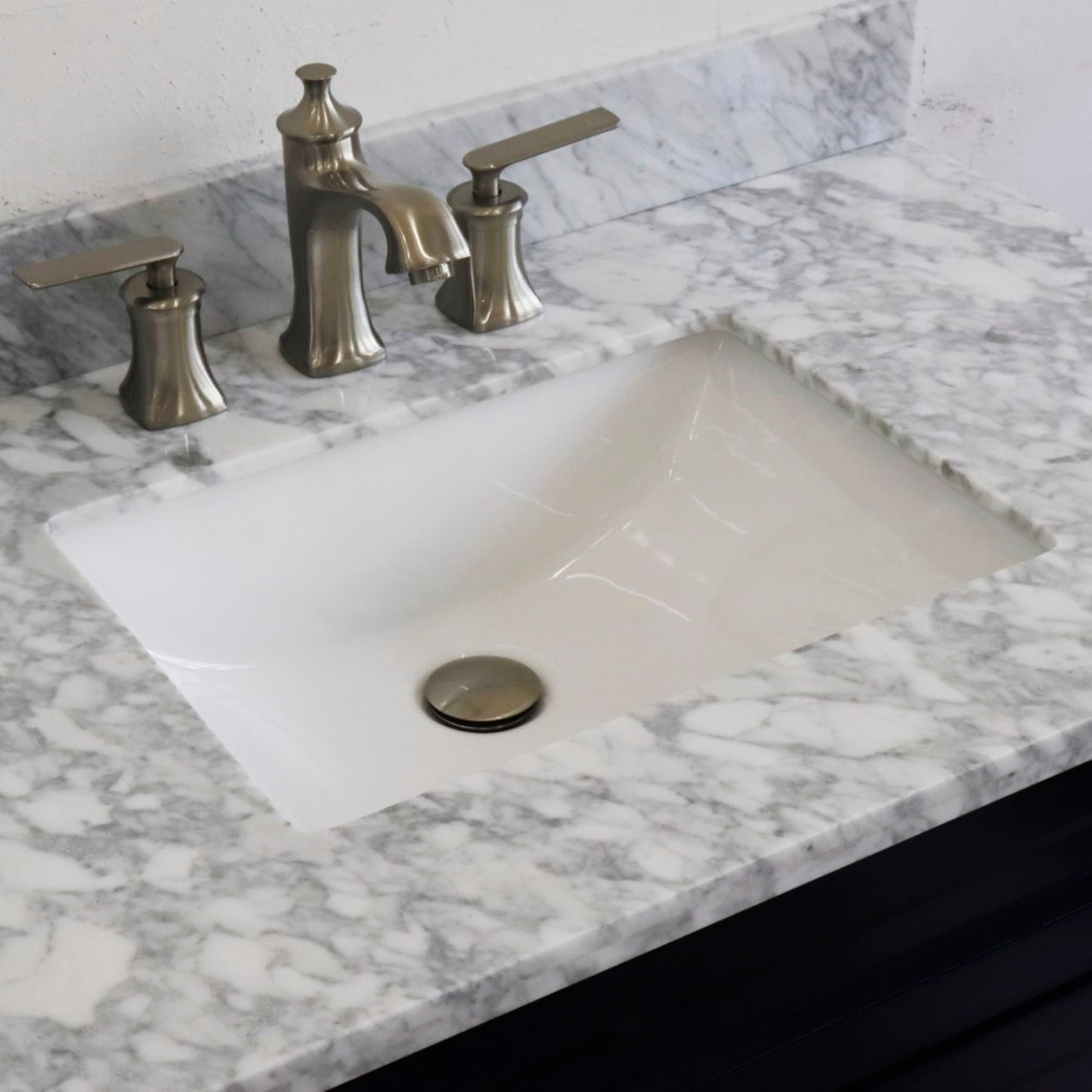37" Single sink vanity in Blue finish with White Carrara marble and CENTER rectangle sink RIGHT drawers
