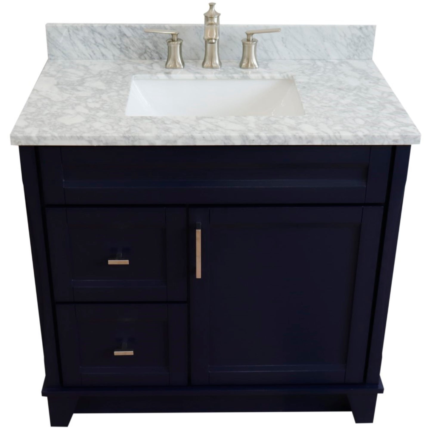 37" Single sink vanity in Blue finish with White Carrara marble and CENTER rectangle sink RIGHT drawers
