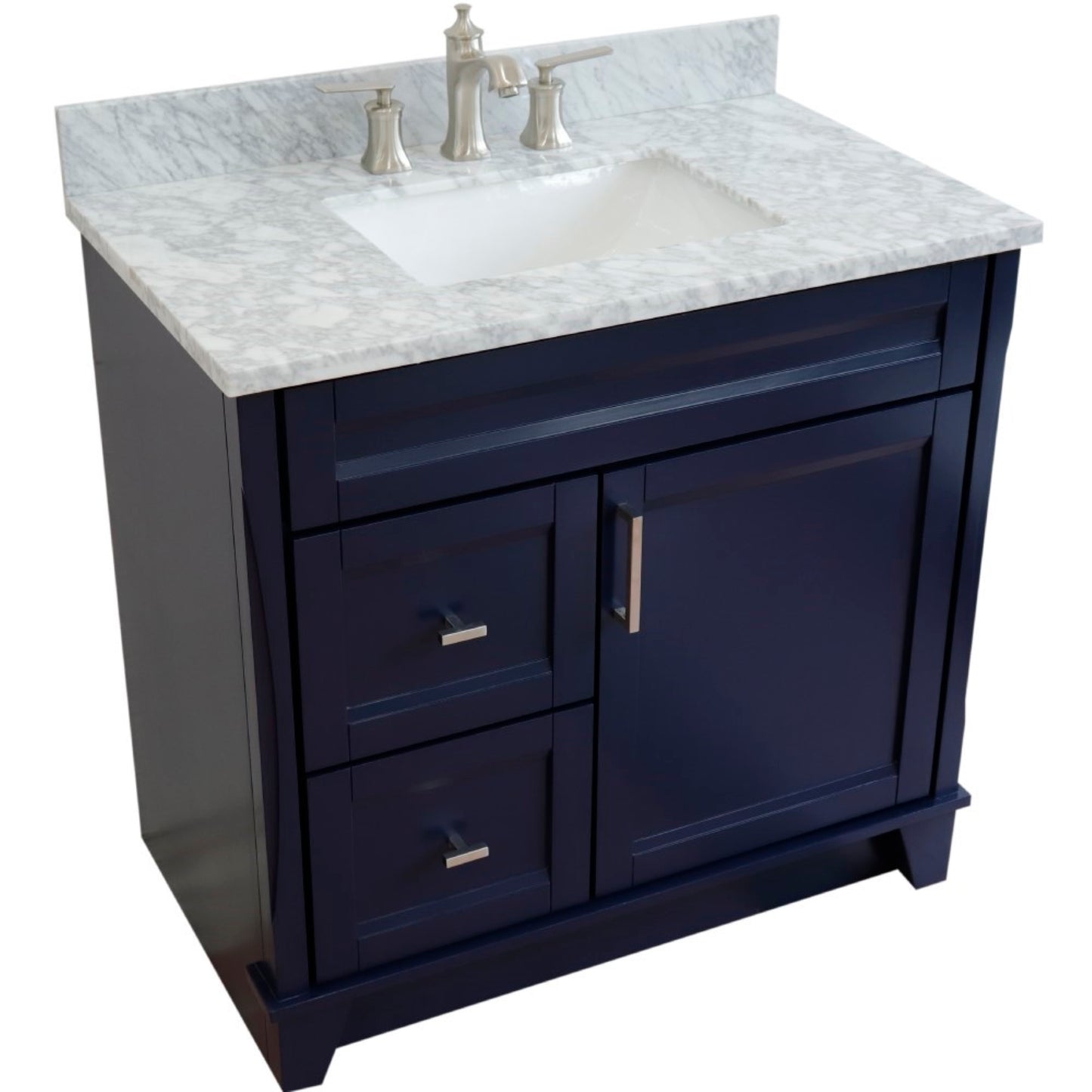 37" Single sink vanity in Blue finish with White Carrara marble and CENTER rectangle sink RIGHT drawers
