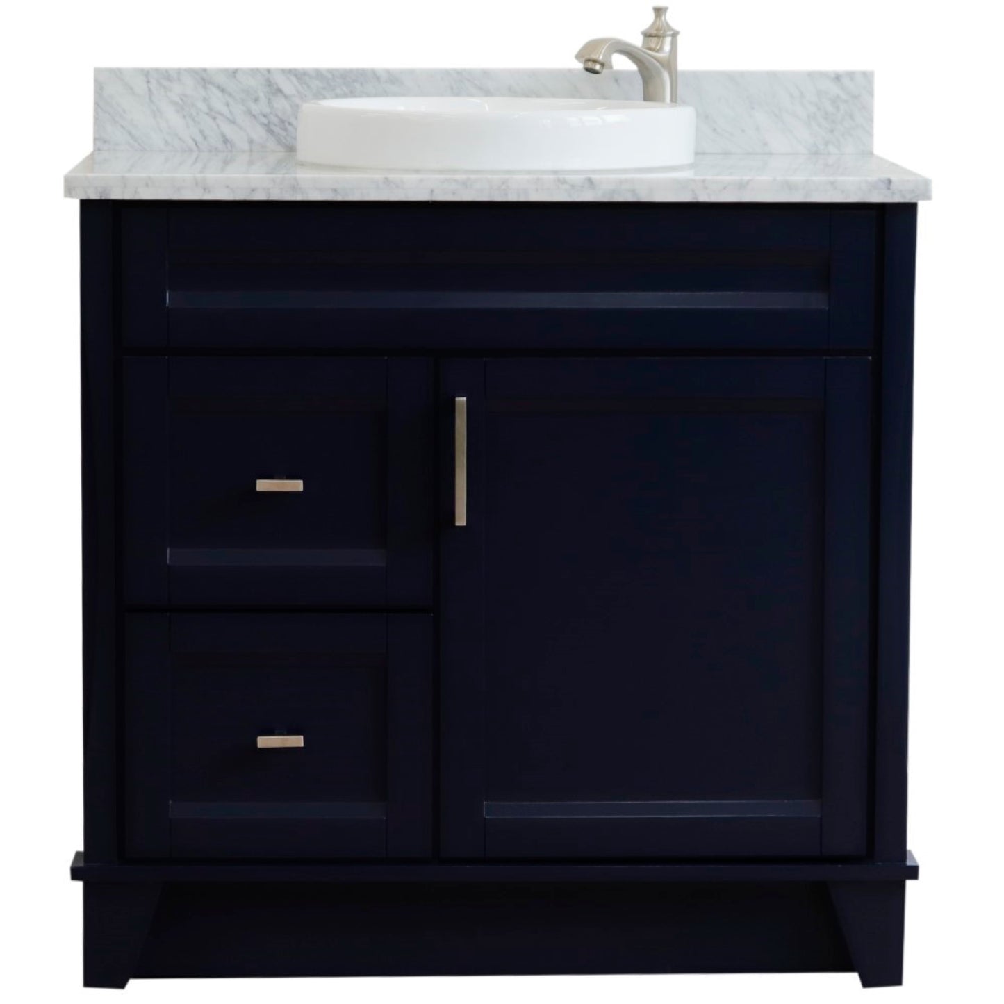 37" Single sink vanity in Blue finish with White Carrara marble and CENTER round sink RIGHT drawers