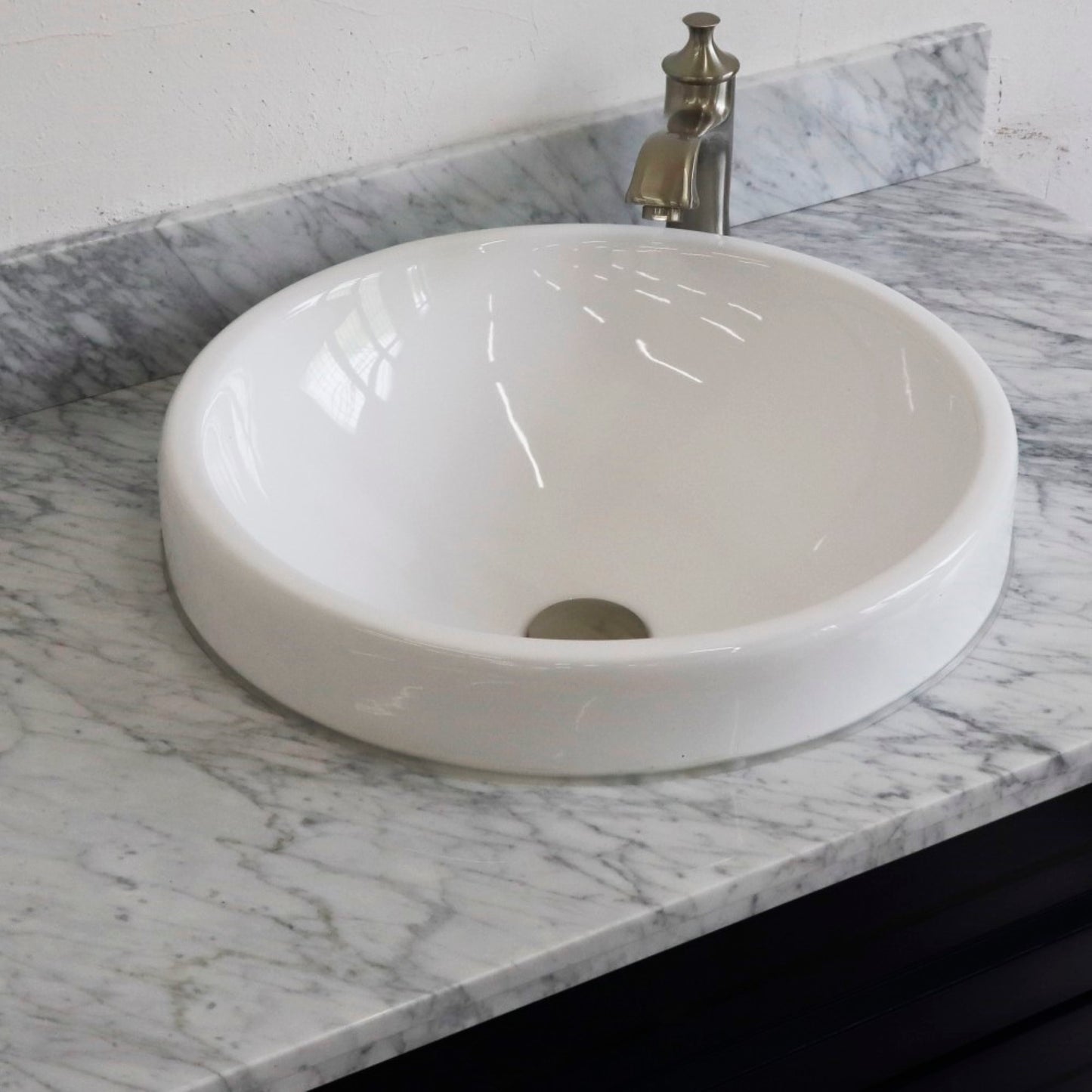 37" Single sink vanity in Blue finish with White Carrara marble and CENTER round sink RIGHT drawers