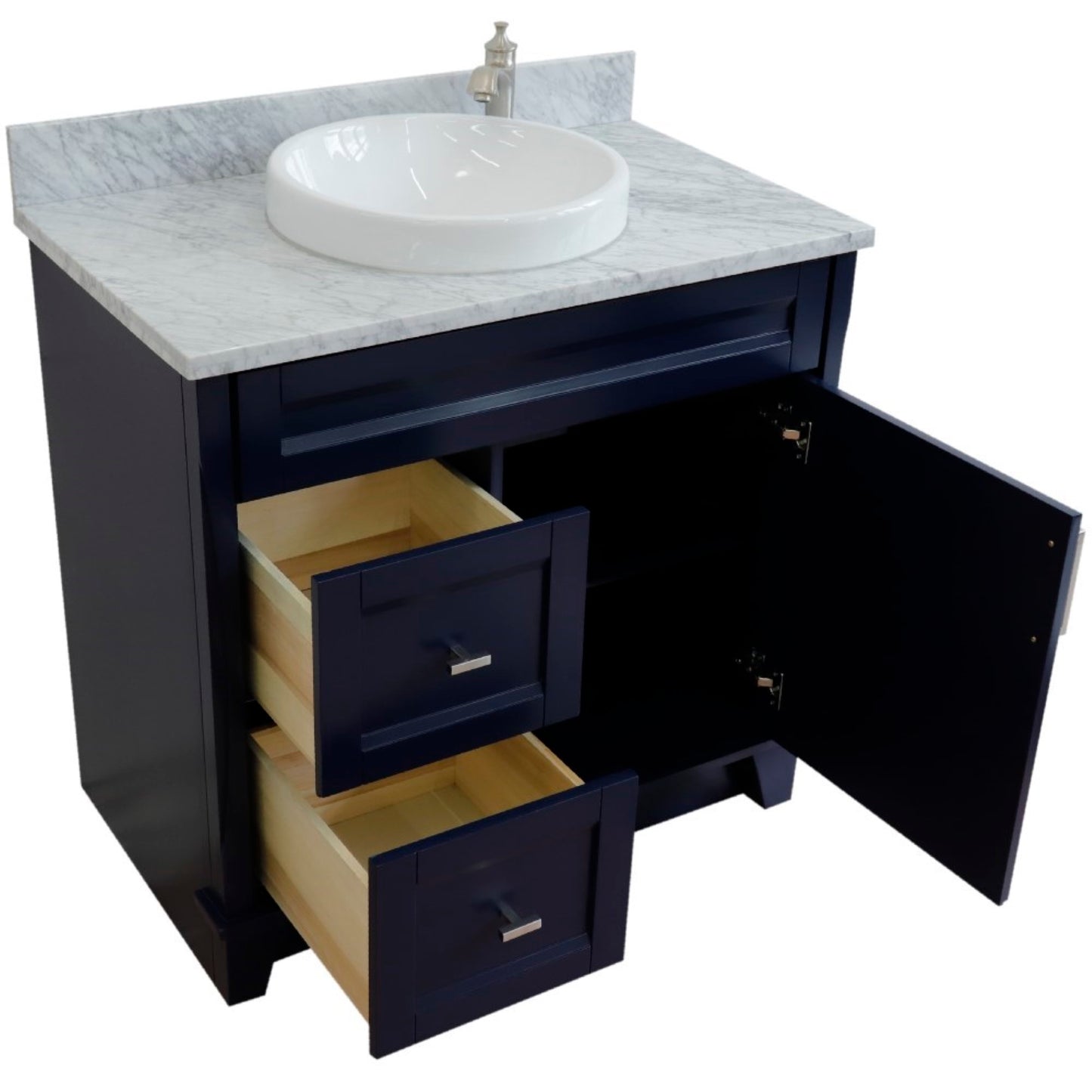 37" Single sink vanity in Blue finish with White Carrara marble and CENTER round sink RIGHT drawers