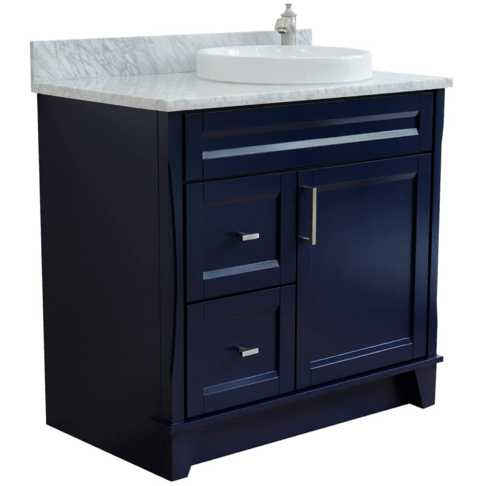 37" Single sink vanity in Blue finish with White Carrara marble and LEFT round sink RIGHT drawers