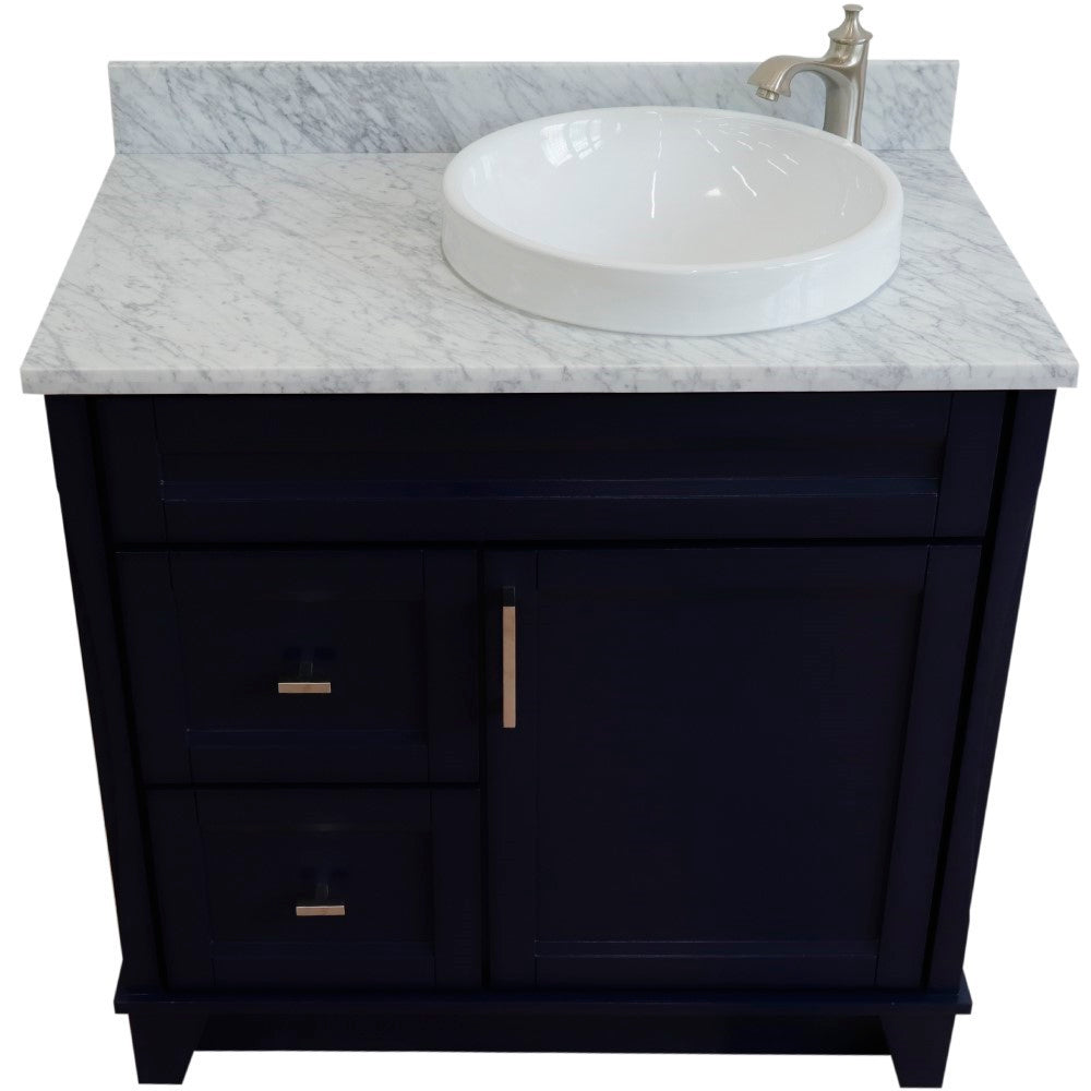 37" Single sink vanity in Blue finish with White Carrara marble and LEFT round sink RIGHT drawers