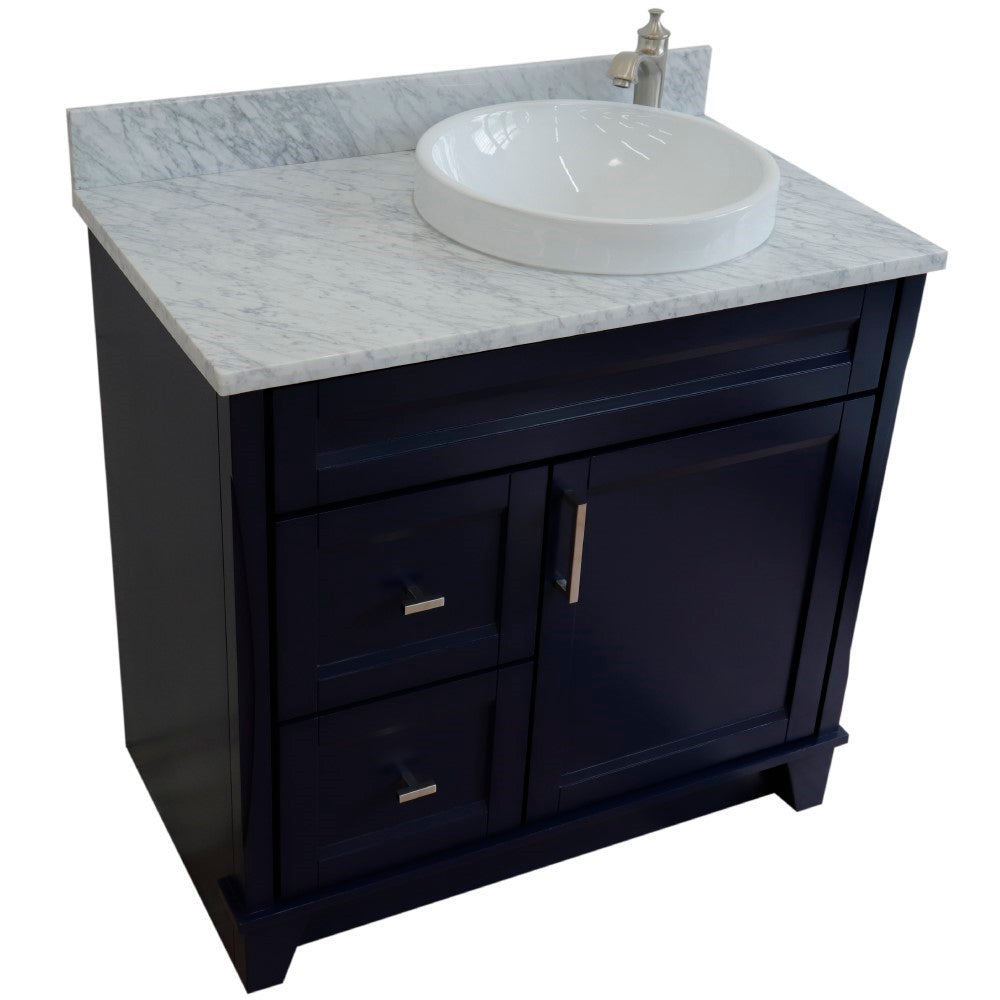 37" Single sink vanity in Blue finish with White Carrara marble and LEFT round sink RIGHT drawers