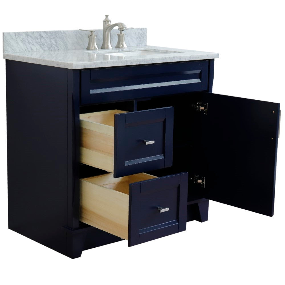 37" Single sink vanity in Blue finish with White Carrara marble and LEFT rectangle sink RIGHT drawers