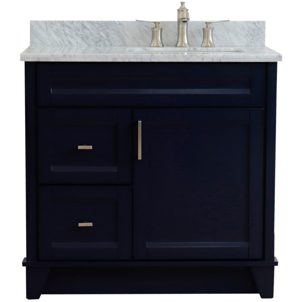 37" Single sink vanity in Blue finish with White Carrara marble and LEFT rectangle sink RIGHT drawers