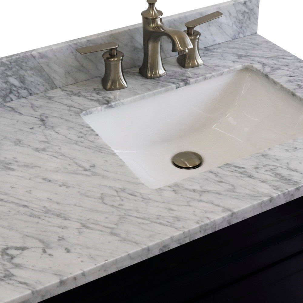 37" Single sink vanity in Blue finish with White Carrara marble and LEFT rectangle sink RIGHT drawers