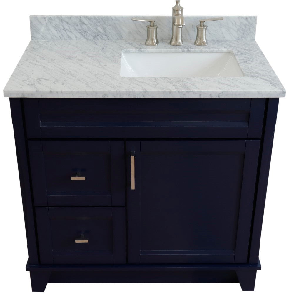37" Single sink vanity in Blue finish with White Carrara marble and LEFT rectangle sink RIGHT drawers
