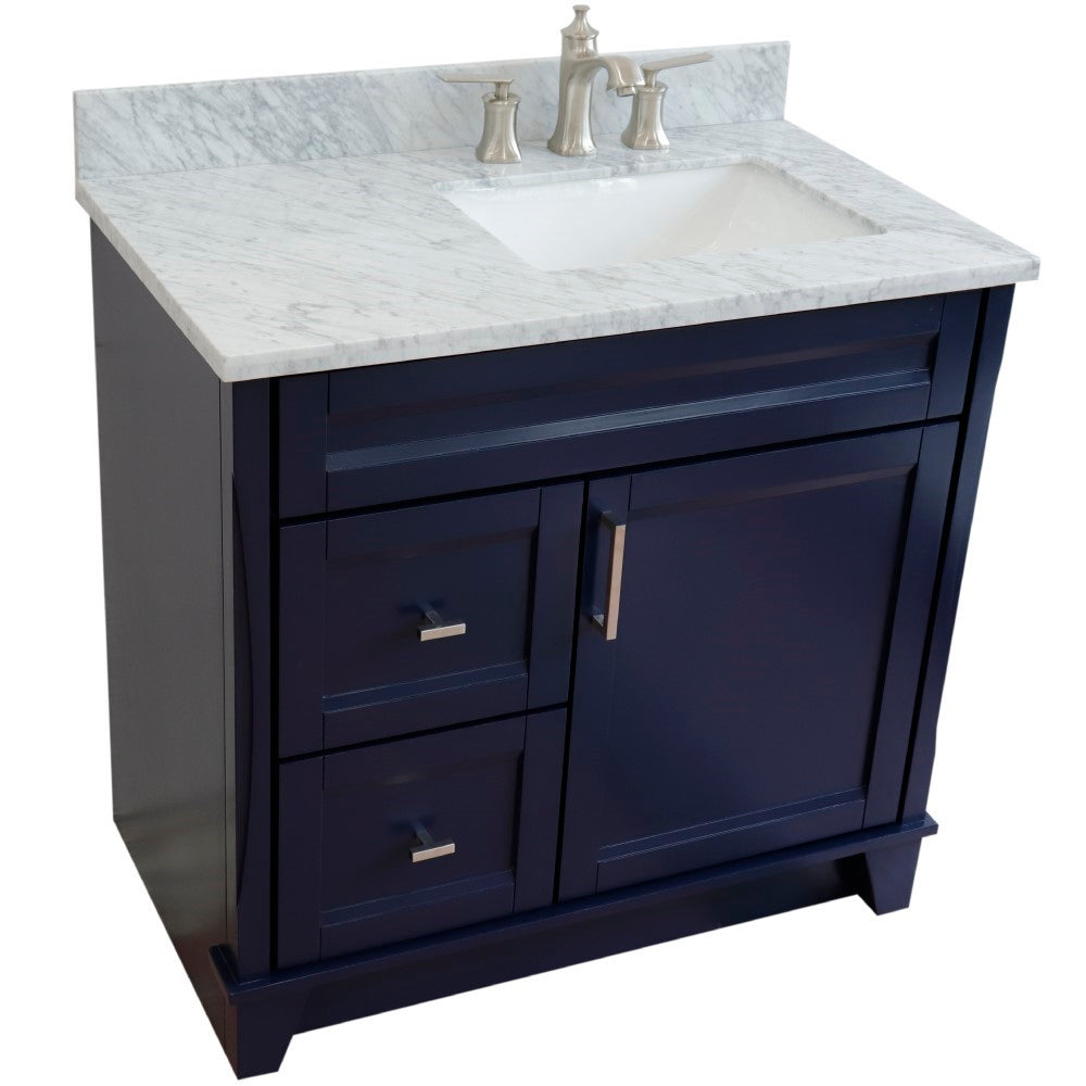 37" Single sink vanity in Blue finish with White Carrara marble and LEFT rectangle sink RIGHT drawers