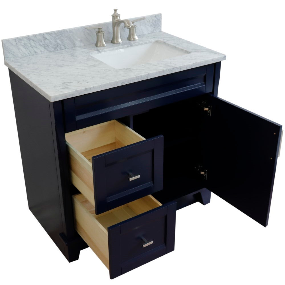 37" Single sink vanity in Blue finish with White Carrara marble and LEFT rectangle sink RIGHT drawers