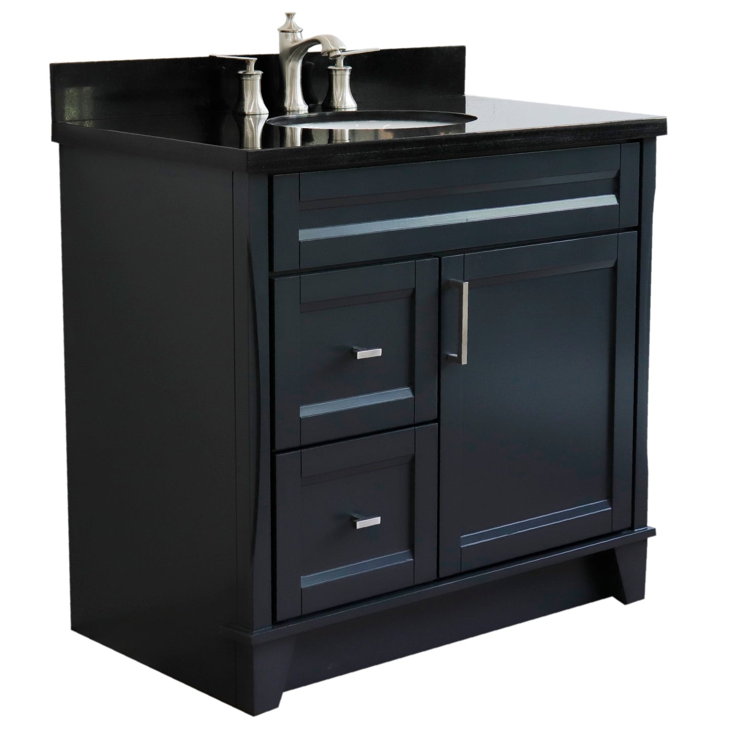 37" Single sink vanity in Dark Gray finish with Black galaxy granite and CENTER oval sink RIGHT drawers