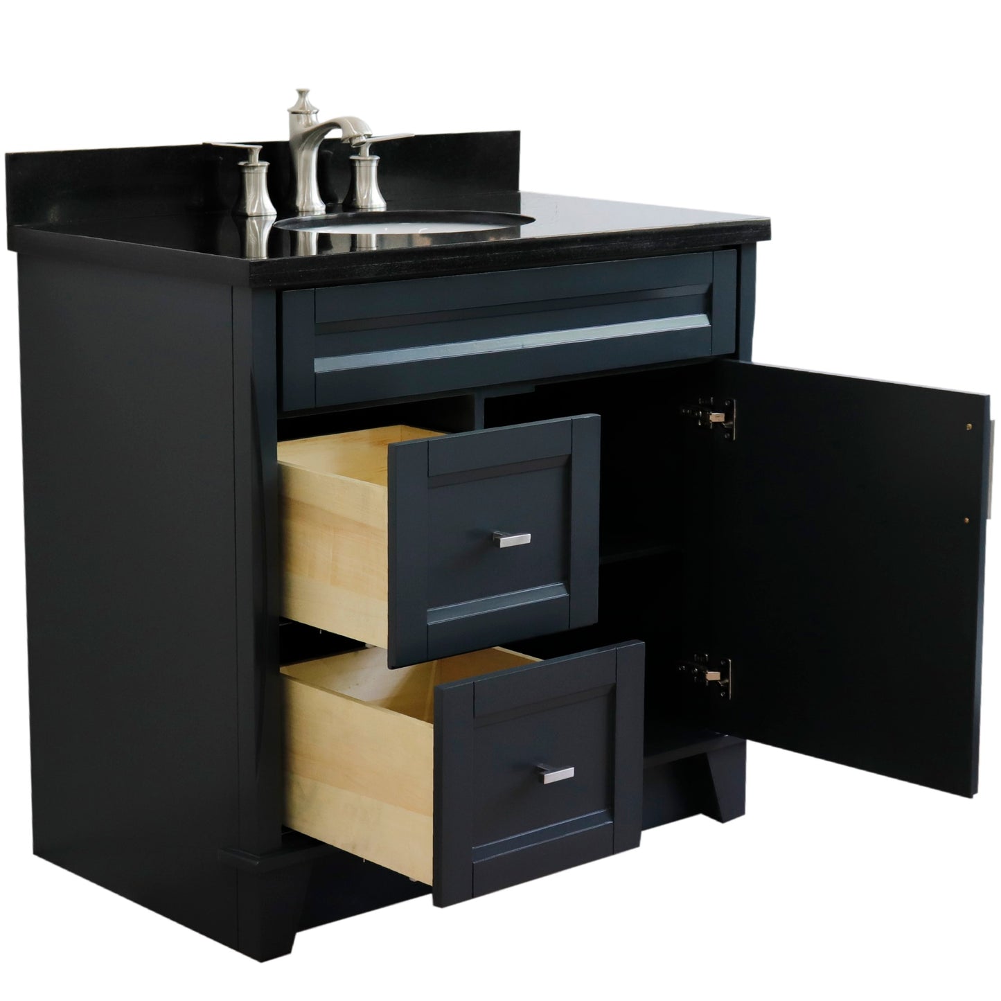 37" Single sink vanity in Dark Gray finish with Black galaxy granite and CENTER oval sink RIGHT drawers
