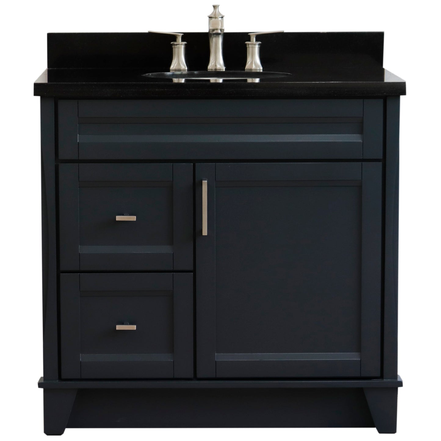 37" Single sink vanity in Dark Gray finish with Black galaxy granite and CENTER oval sink RIGHT drawers