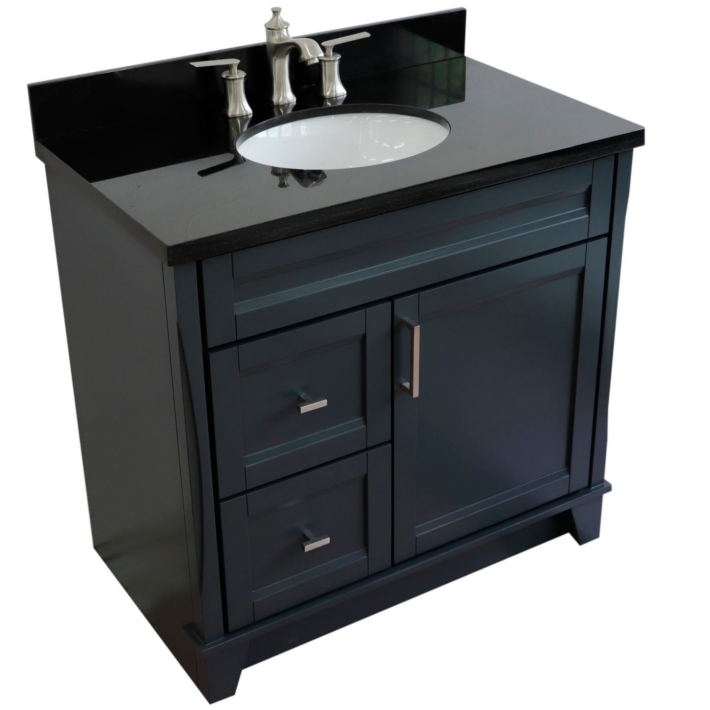 37" Single sink vanity in Dark Gray finish with Black galaxy granite and CENTER oval sink RIGHT drawers