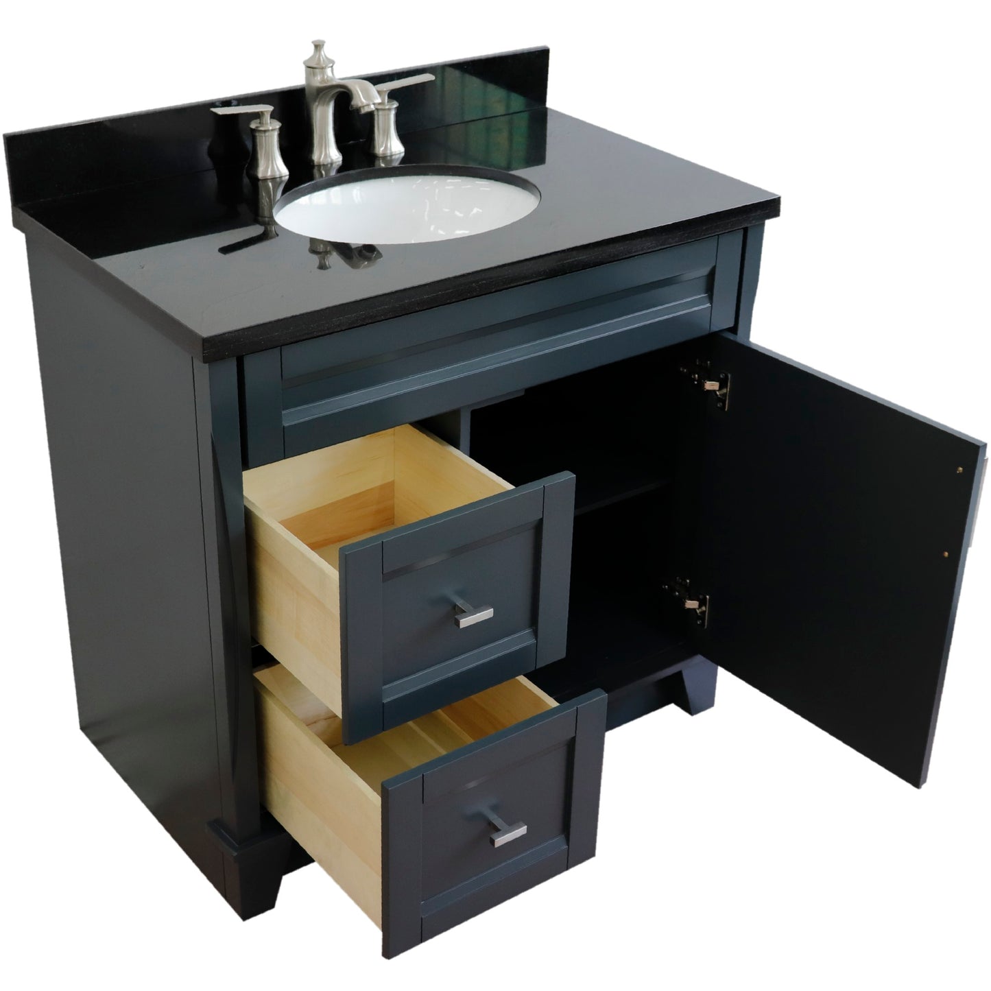 37" Single sink vanity in Dark Gray finish with Black galaxy granite and CENTER oval sink RIGHT drawers