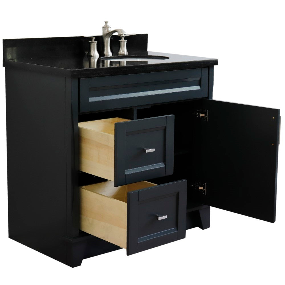 37" Single sink vanity in Dark Gray finish with Black galaxy granite and LEFT oval sink RIGHT drawers