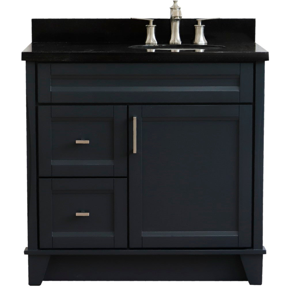 37" Single sink vanity in Dark Gray finish with Black galaxy granite and LEFT oval sink RIGHT drawers
