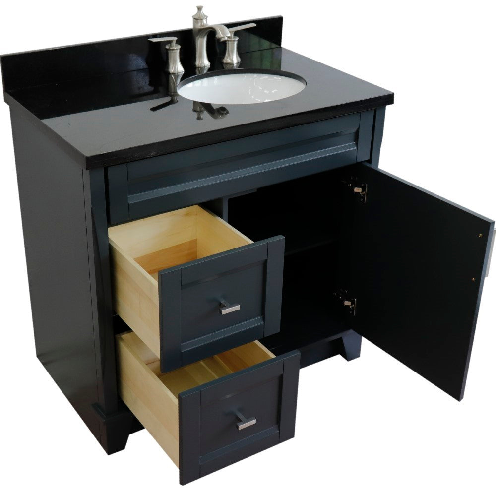 37" Single sink vanity in Dark Gray finish with Black galaxy granite and LEFT oval sink RIGHT drawers