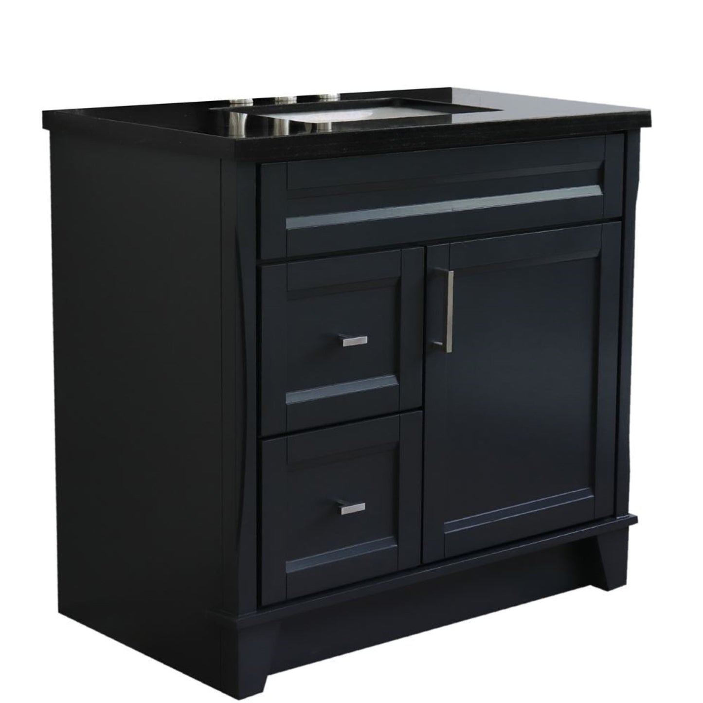 37" Single sink vanity in Dark Gray finish with Black galaxy granite and CENTER rectangle sink RIGHT drawers