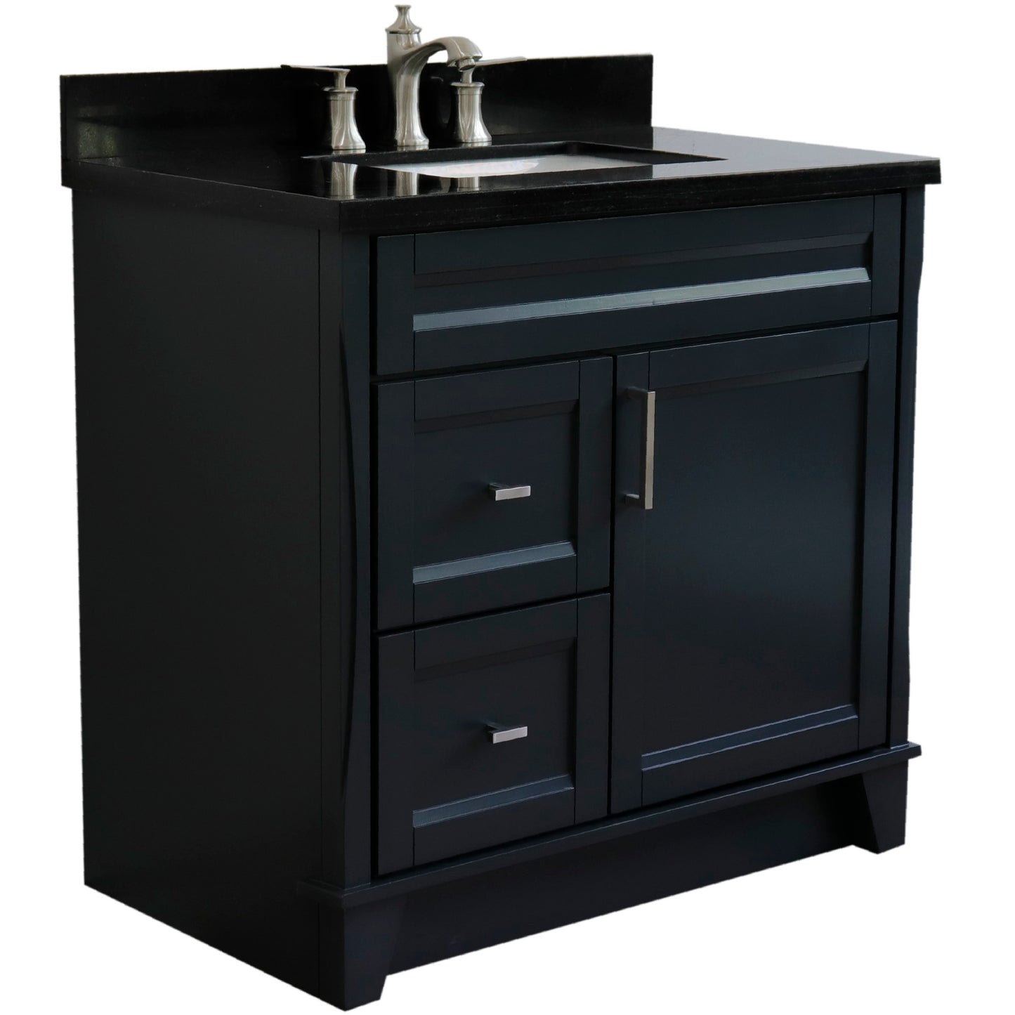 37" Single sink vanity in Dark Gray finish with Black galaxy granite and CENTER rectangle sink RIGHT drawers
