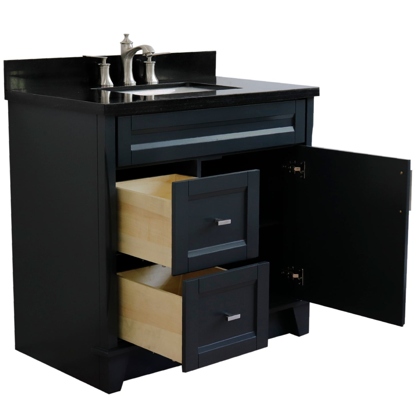 37" Single sink vanity in Dark Gray finish with Black galaxy granite and CENTER rectangle sink RIGHT drawers