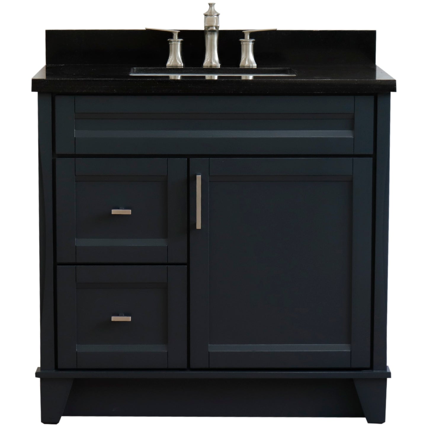 37" Single sink vanity in Dark Gray finish with Black galaxy granite and CENTER rectangle sink RIGHT drawers