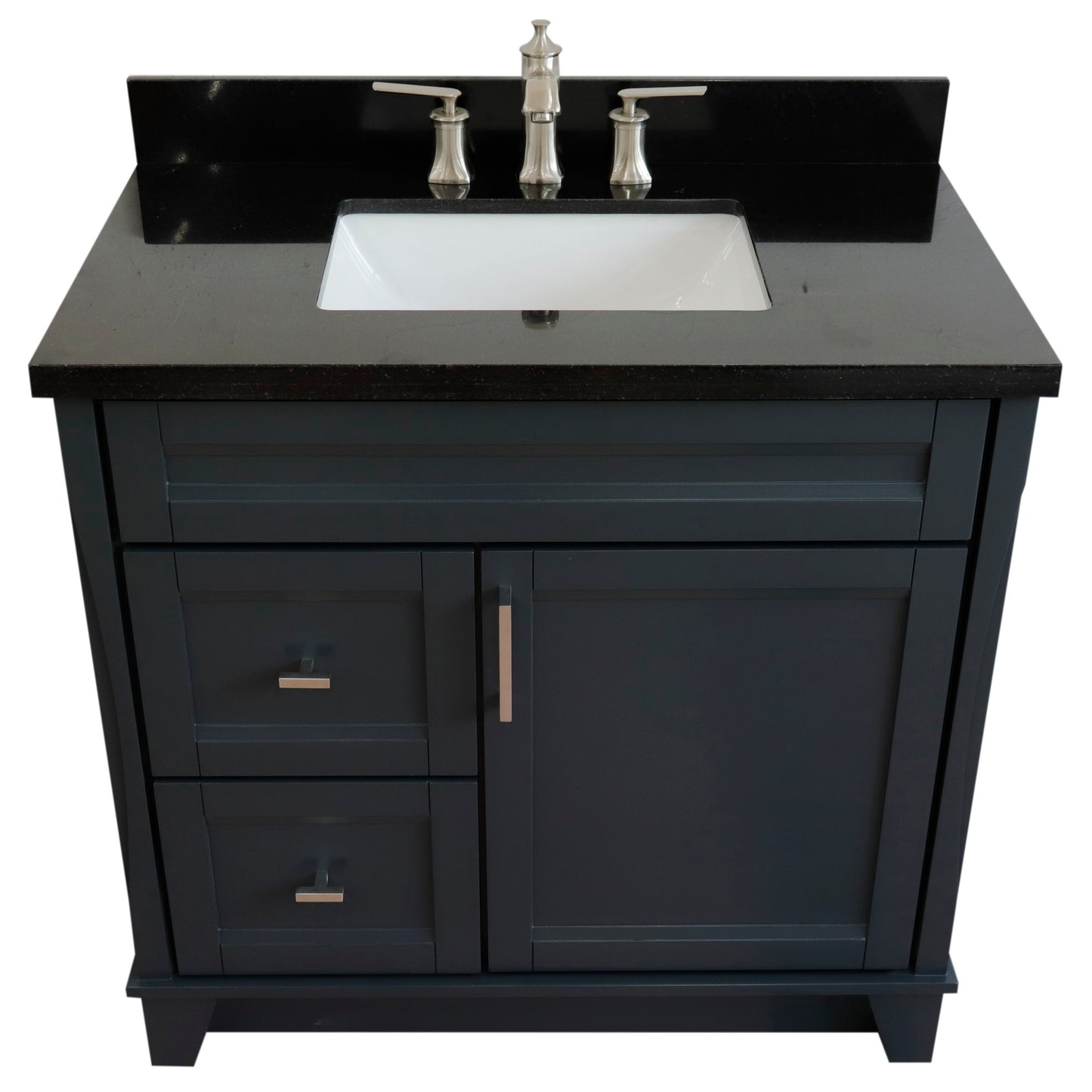 37" Single sink vanity in Dark Gray finish with Black galaxy granite and CENTER rectangle sink RIGHT drawers