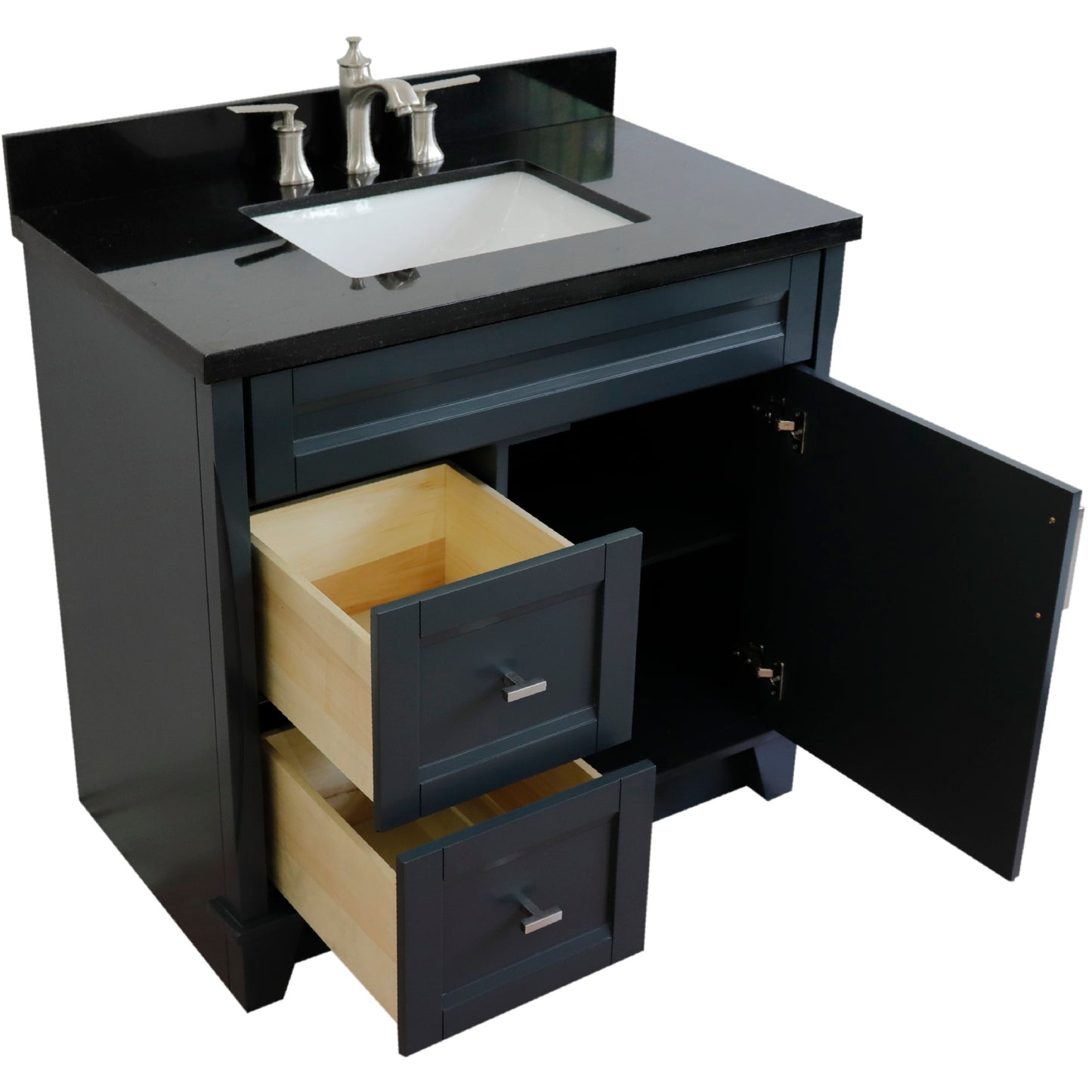 37" Single sink vanity in Dark Gray finish with Black galaxy granite and CENTER rectangle sink RIGHT drawers