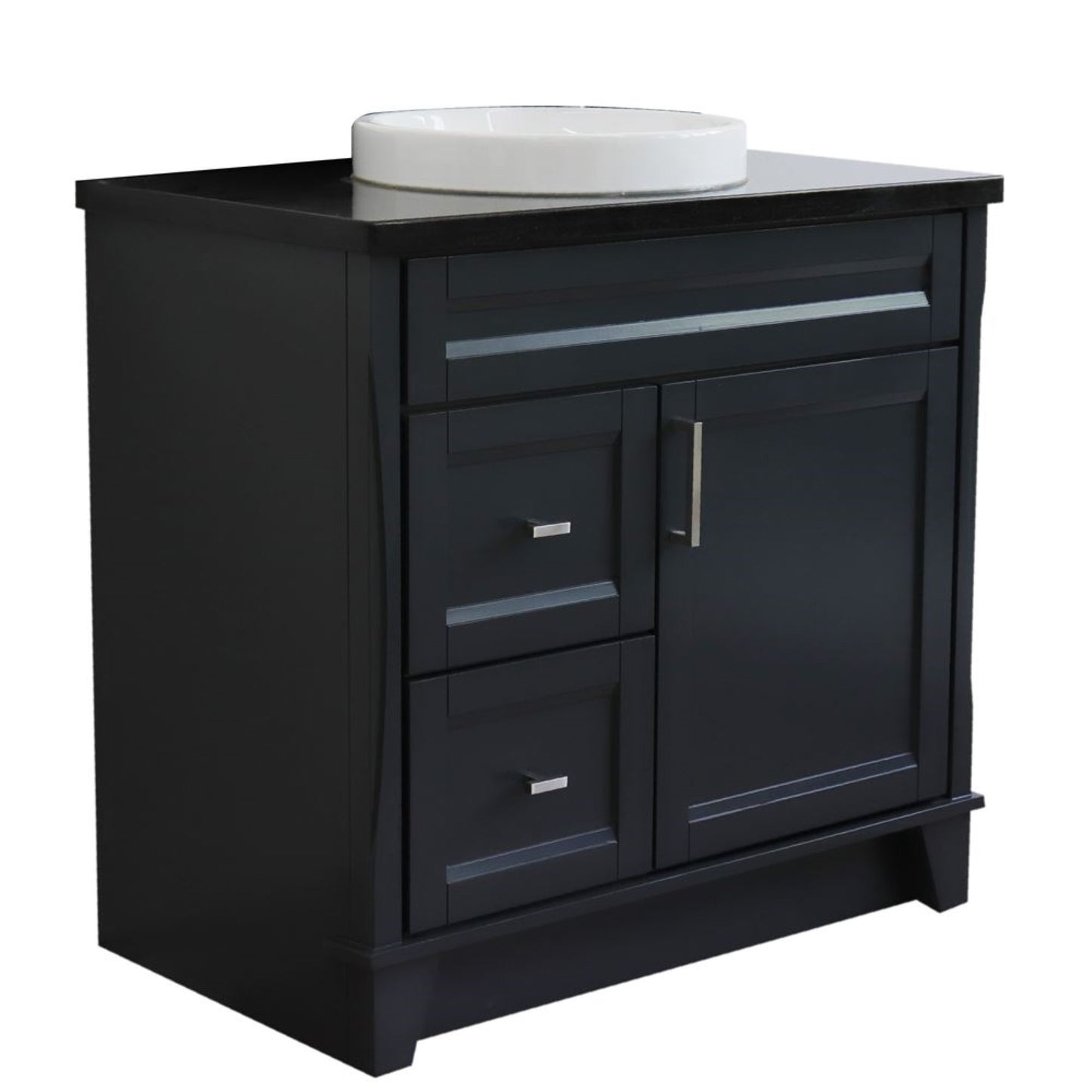 37" Single sink vanity in Dark Gray finish with Black galaxy granite and CENTER round sink RIGHT drawers