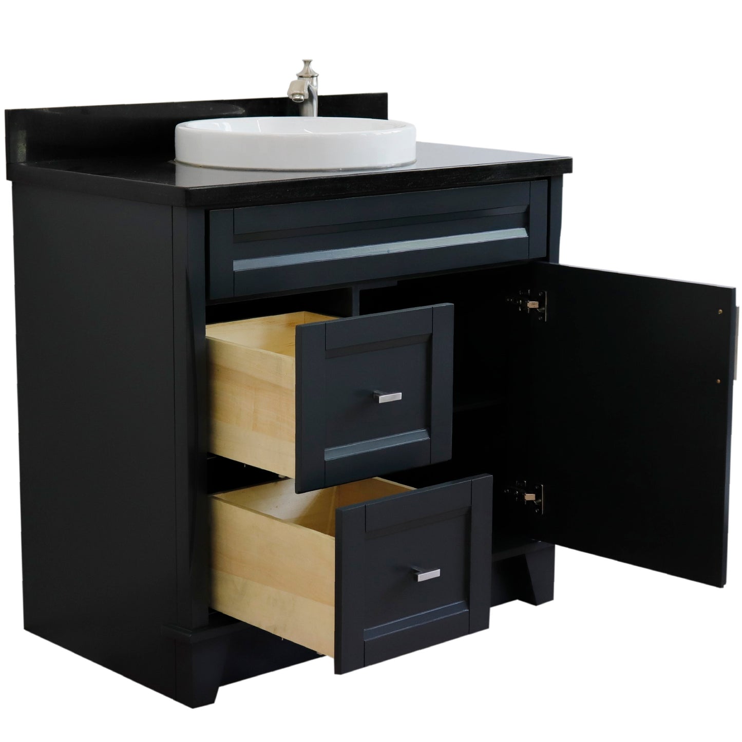 37" Single sink vanity in Dark Gray finish with Black galaxy granite and CENTER round sink RIGHT drawers