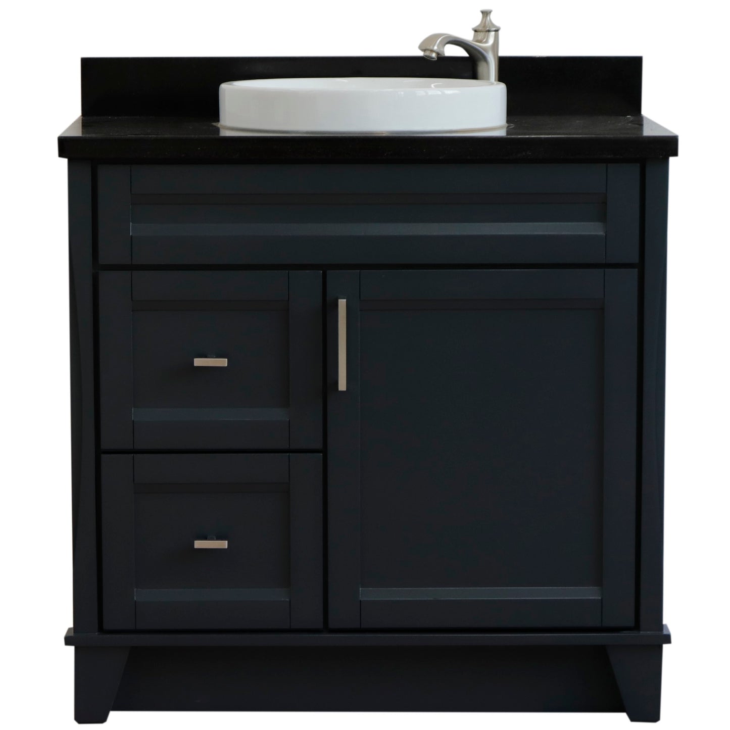 37" Single sink vanity in Dark Gray finish with Black galaxy granite and CENTER round sink RIGHT drawers