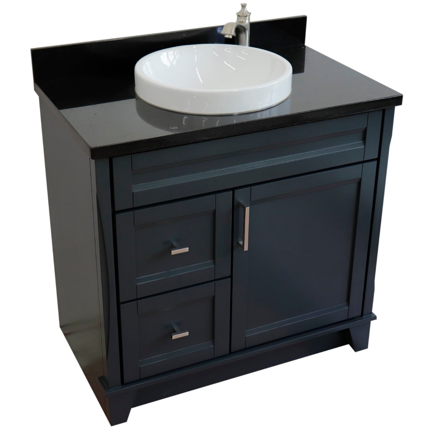 37" Single sink vanity in Dark Gray finish with Black galaxy granite and CENTER round sink RIGHT drawers