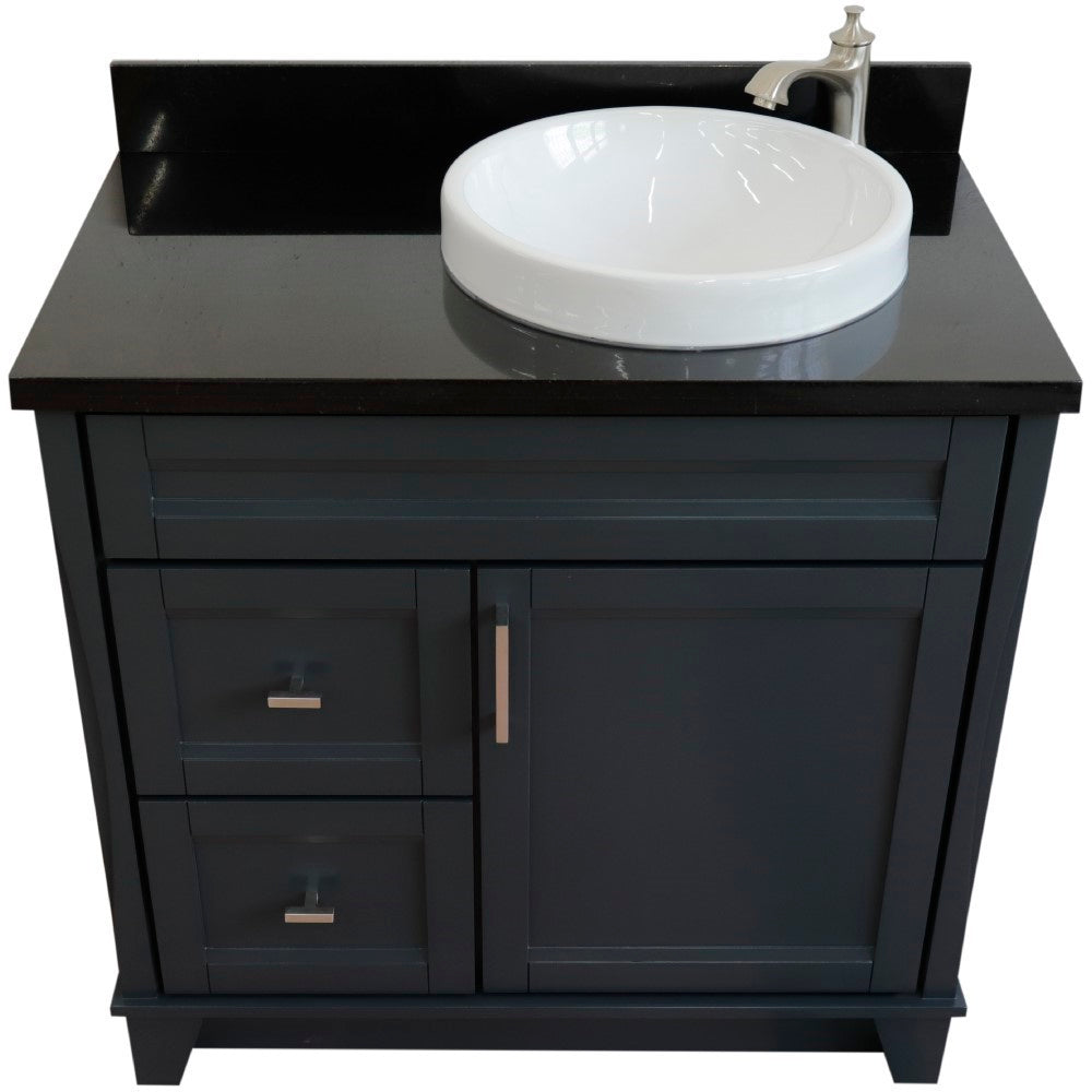 37" Single sink vanity in Dark Gray finish with Black galaxy granite and LEFT round sink RIGHT drawers