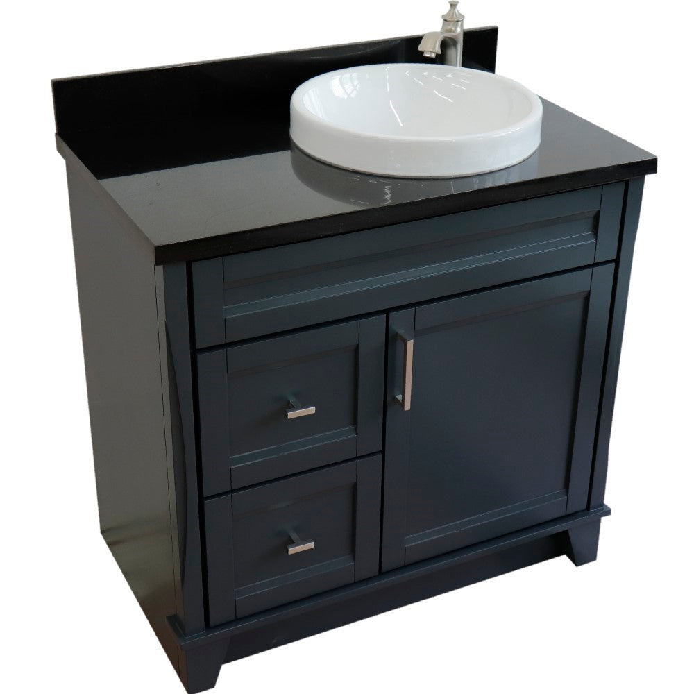 37" Single sink vanity in Dark Gray finish with Black galaxy granite and LEFT round sink RIGHT drawers