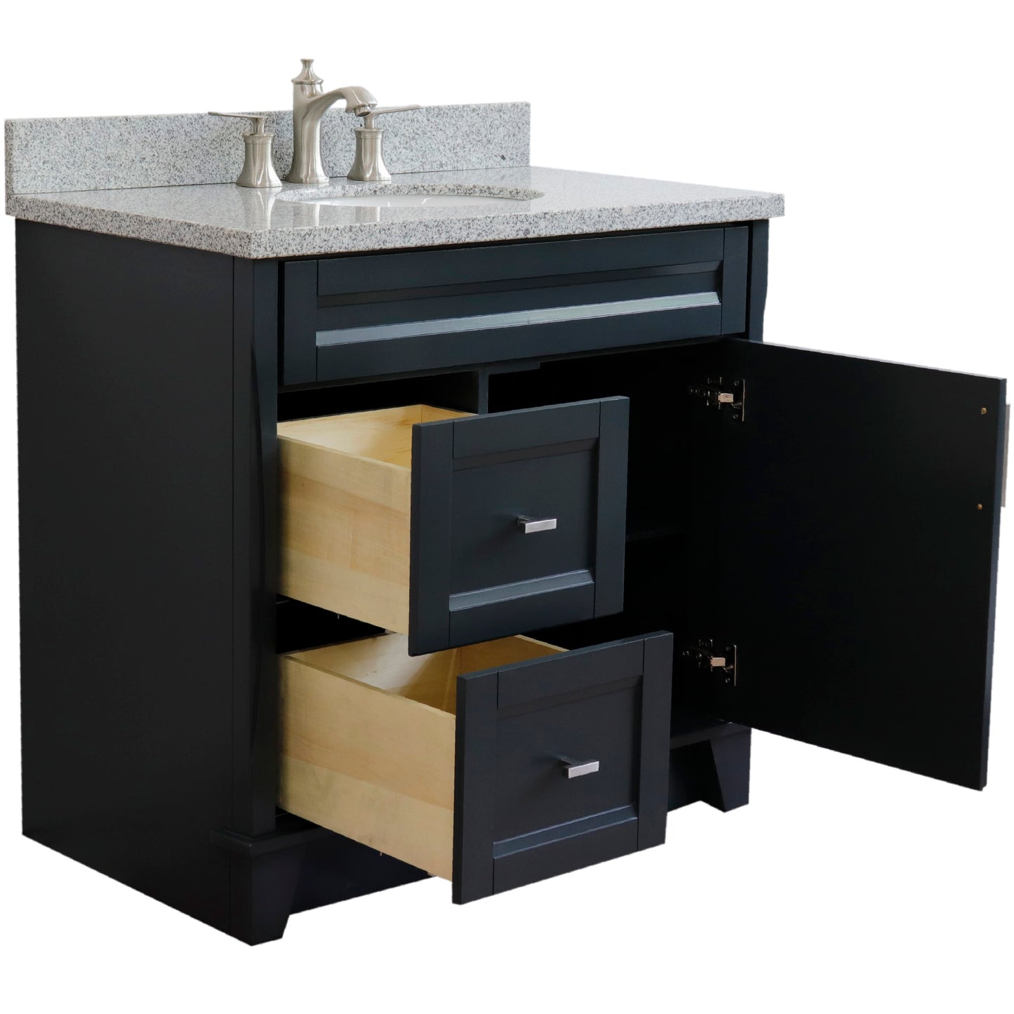 37" Single sink vanity in Dark Gray finish with Gray granite and CENTER oval sink RIGHT drawers