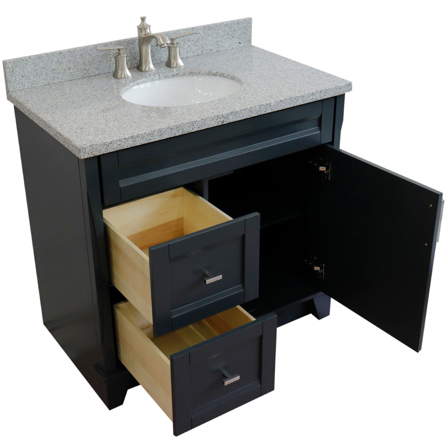 37" Single sink vanity in Dark Gray finish with Gray granite and CENTER oval sink RIGHT drawers