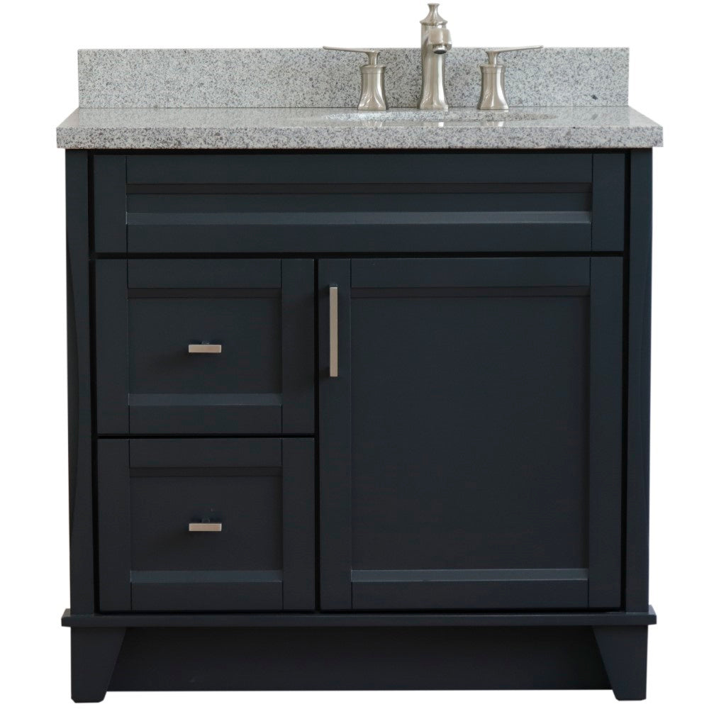 37" Single sink vanity in Dark Gray finish with Gray granite and LEFT oval sink RIGHT drawers