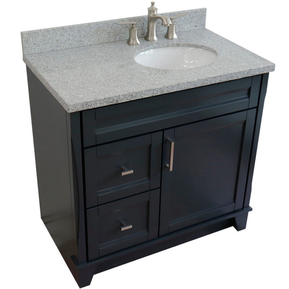 37" Single sink vanity in Dark Gray finish with Gray granite and LEFT oval sink RIGHT drawers