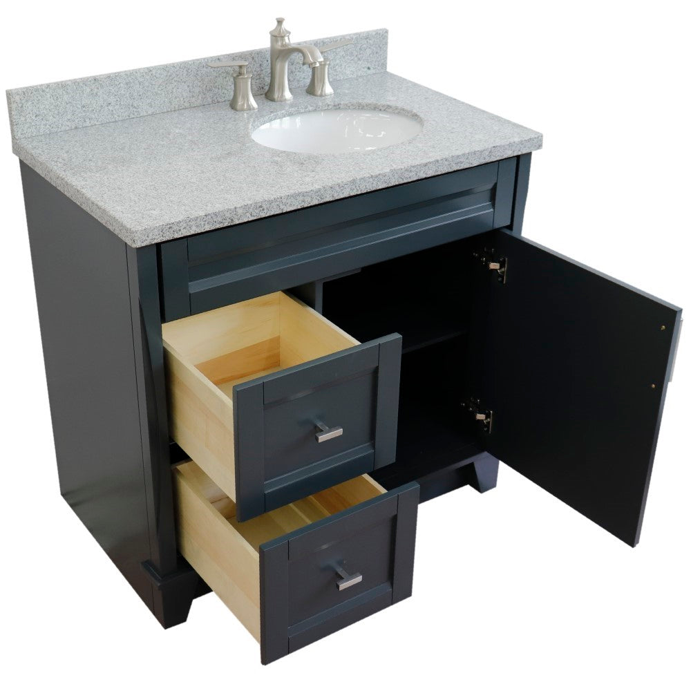 37" Single sink vanity in Dark Gray finish with Gray granite and LEFT oval sink RIGHT drawers