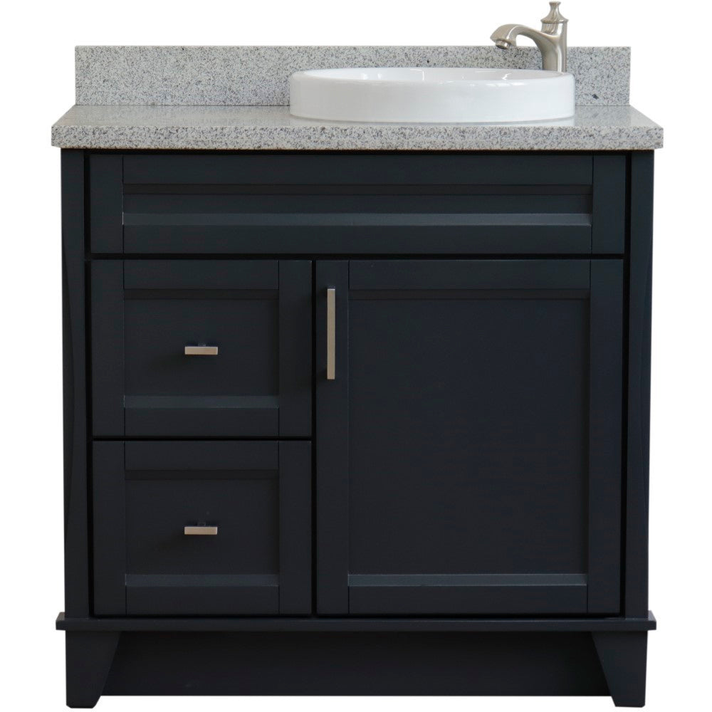 37" Single sink vanity in Dark Gray finish with Gray granite and LEFT round sink RIGHT drawers