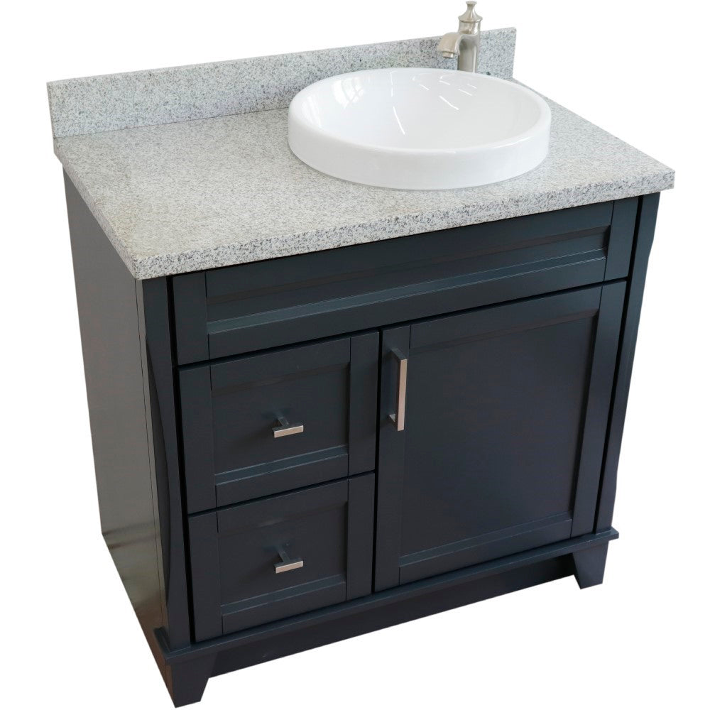 37" Single sink vanity in Dark Gray finish with Gray granite and LEFT round sink RIGHT drawers