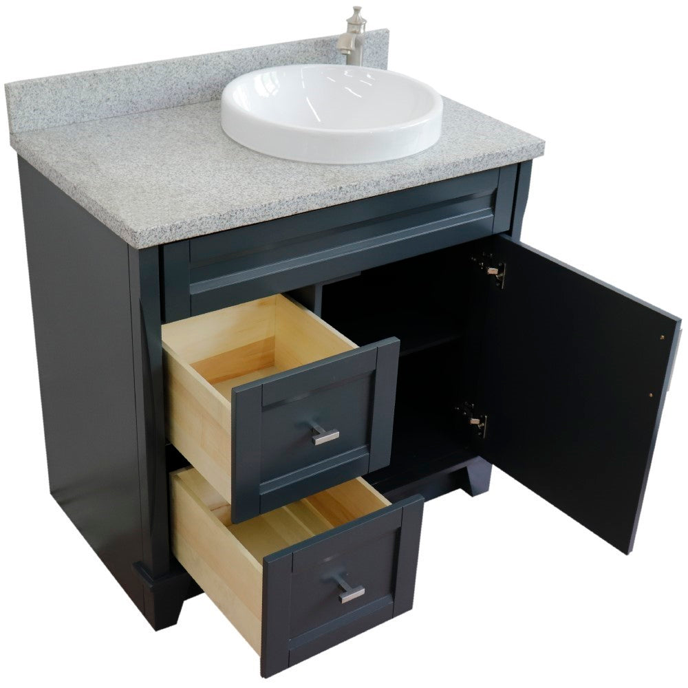 37" Single sink vanity in Dark Gray finish with Gray granite and LEFT round sink RIGHT drawers