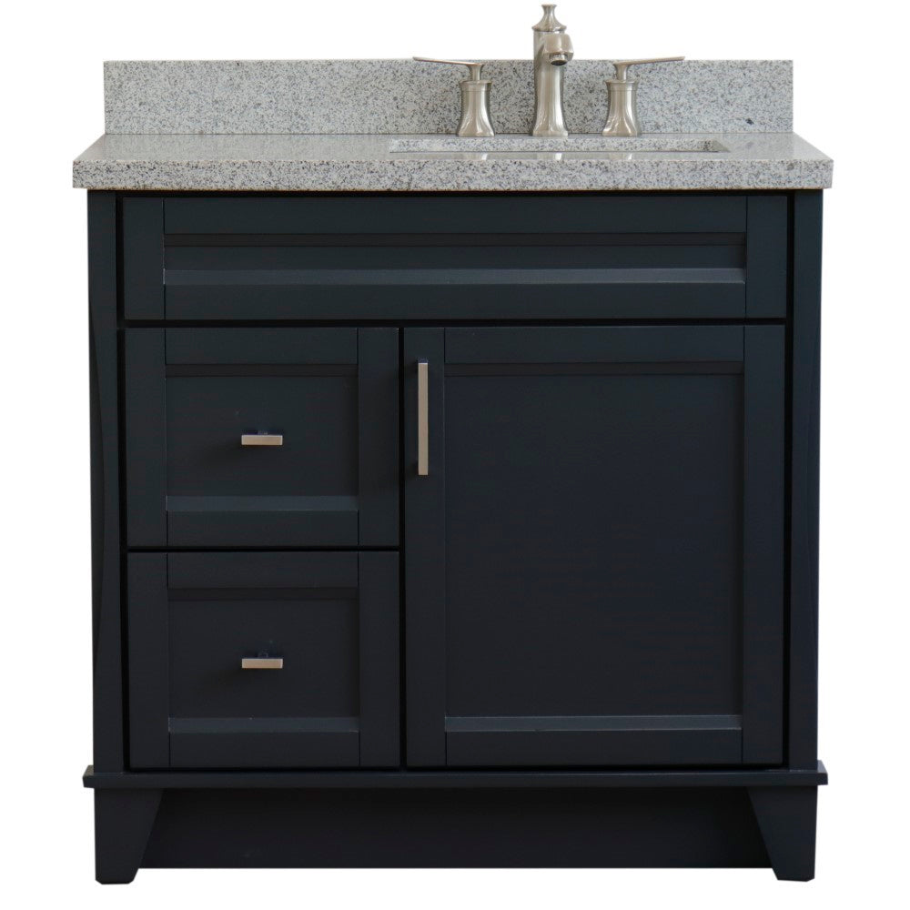 37" Single sink vanity in Dark Gray finish with Gray granite and LEFT rectangle sink RIGHT drawers