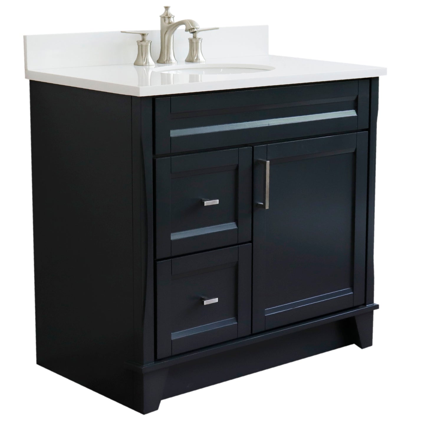 37" Single sink vanity in Dark Gray finish with White engineered stone and CENTER oval sink RIGHT drawers