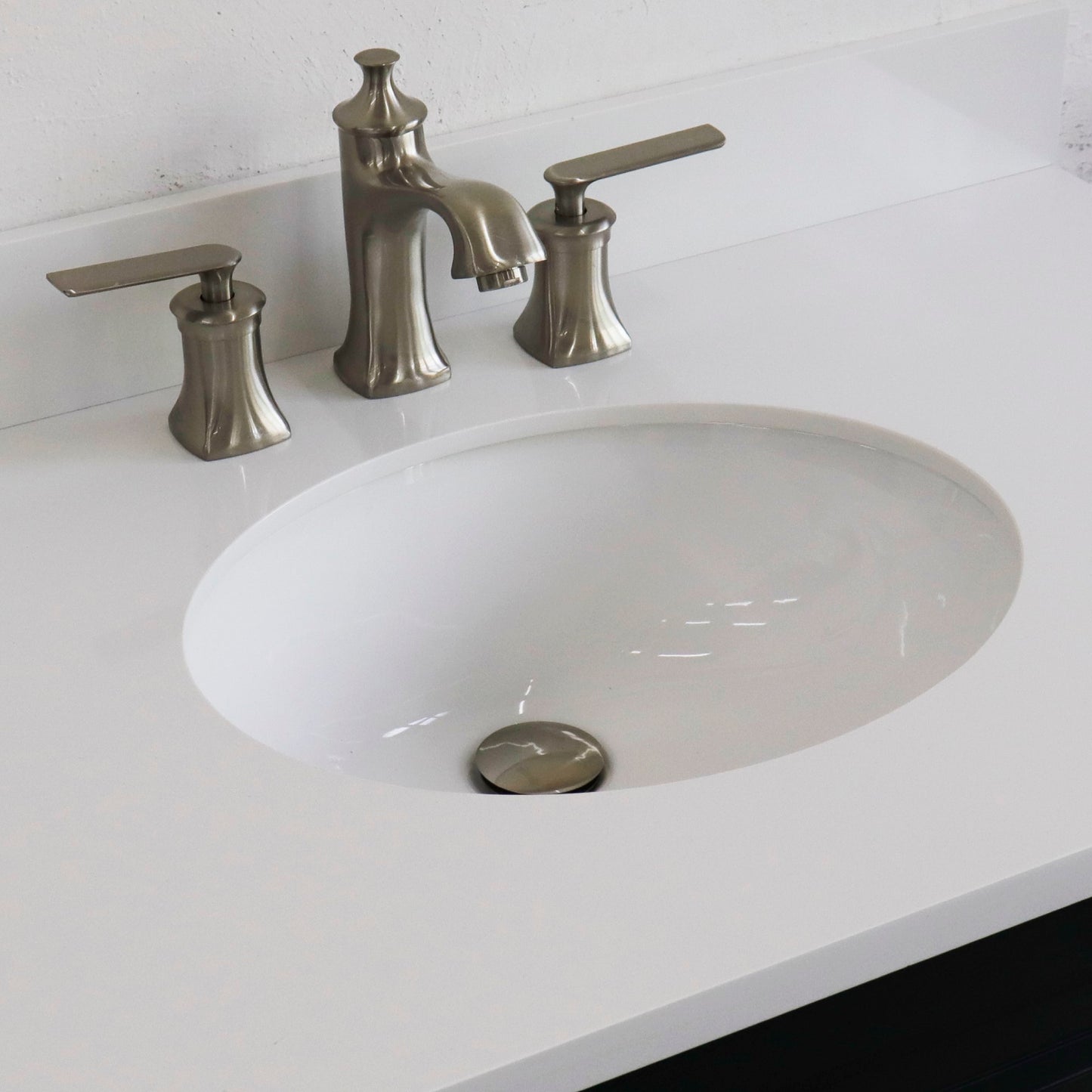 37" Single sink vanity in Dark Gray finish with White engineered stone and CENTER oval sink RIGHT drawers
